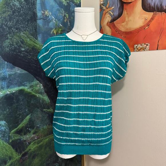vintage turquoise striped knit top made in usa minimalist retro - Picture 6 of 6